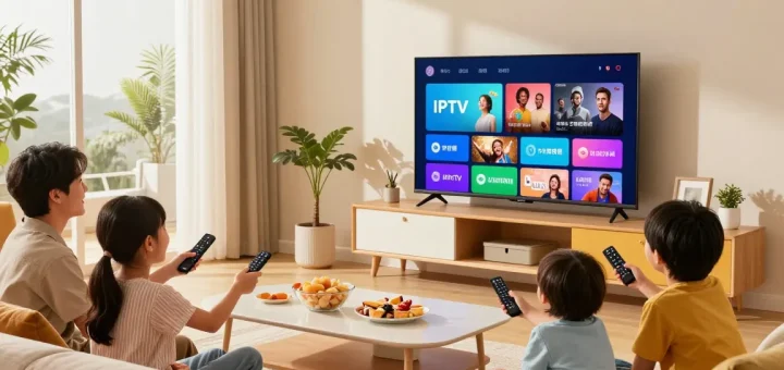 Família assistindo IPTV com a melhor programação na Televisão